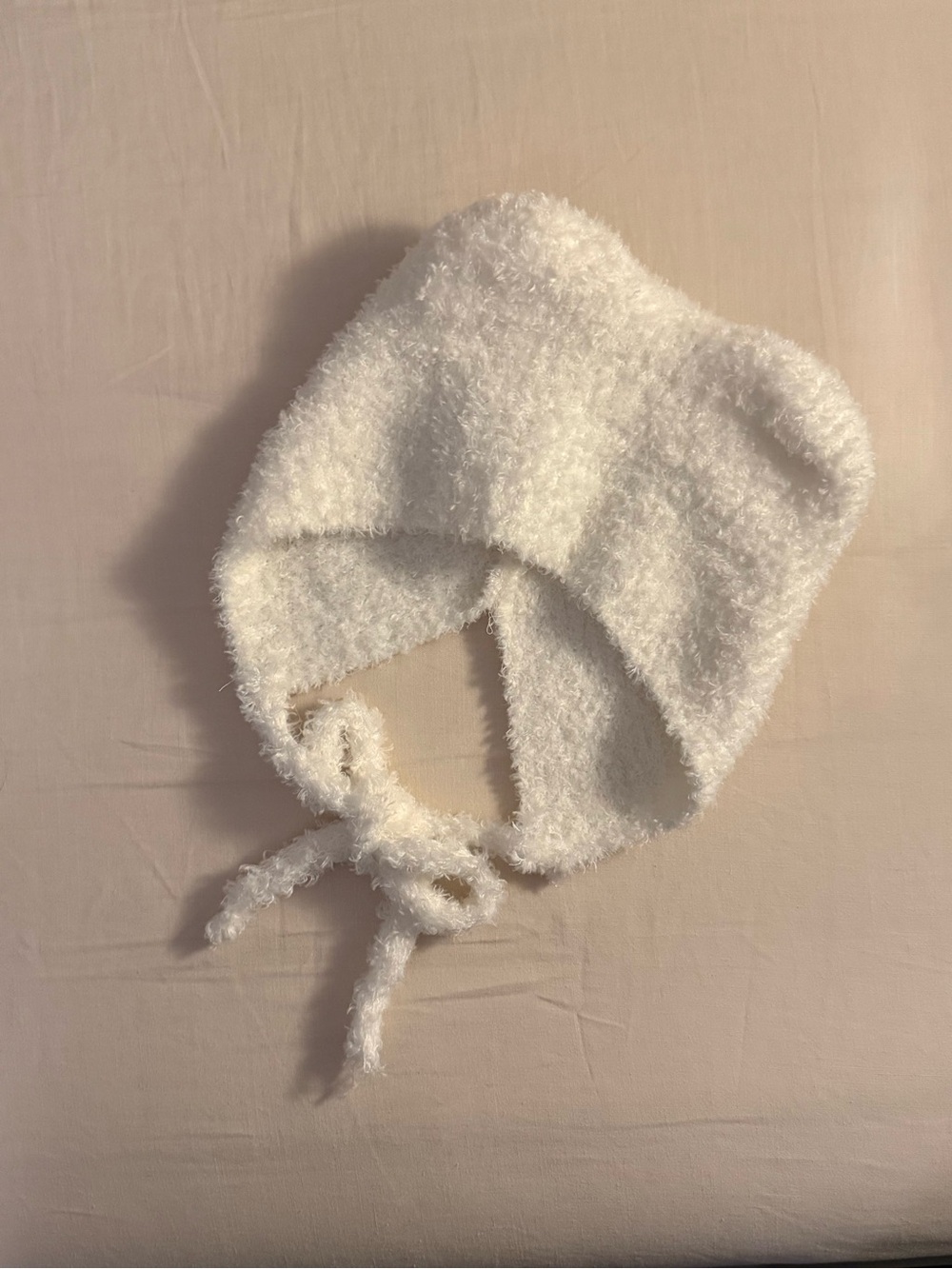 Cozy White Fuzzy Baby Bonnet with Ties